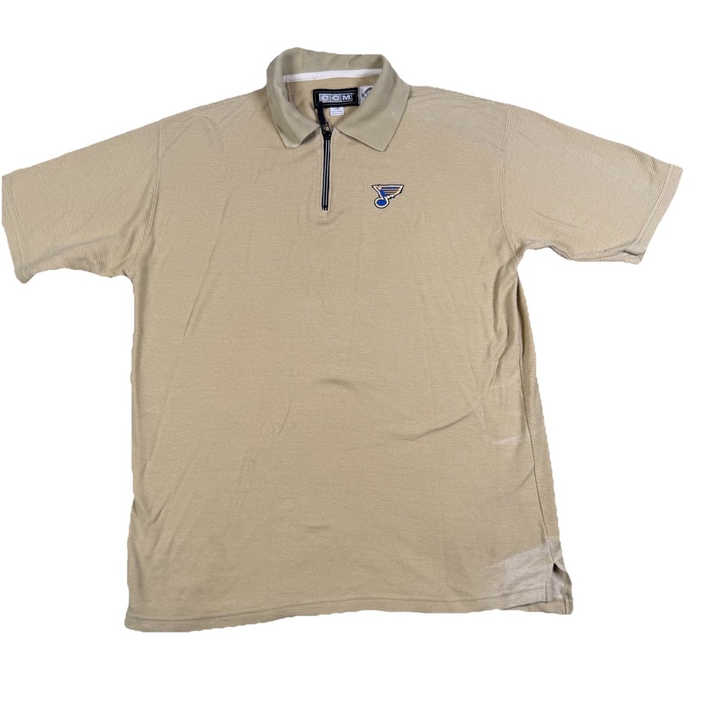 Vintage CCM St Louis Blues NHL Polo Shirt Large 1/4 Zip Center Ice Canada Khaki